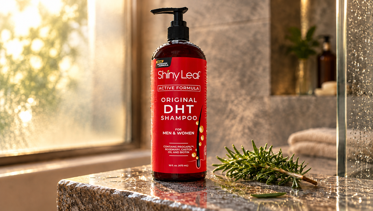 Shiny Leaf Original DHT Blocker Shampoo bottle on a wet stone shower ledge with a sprig of rosemary