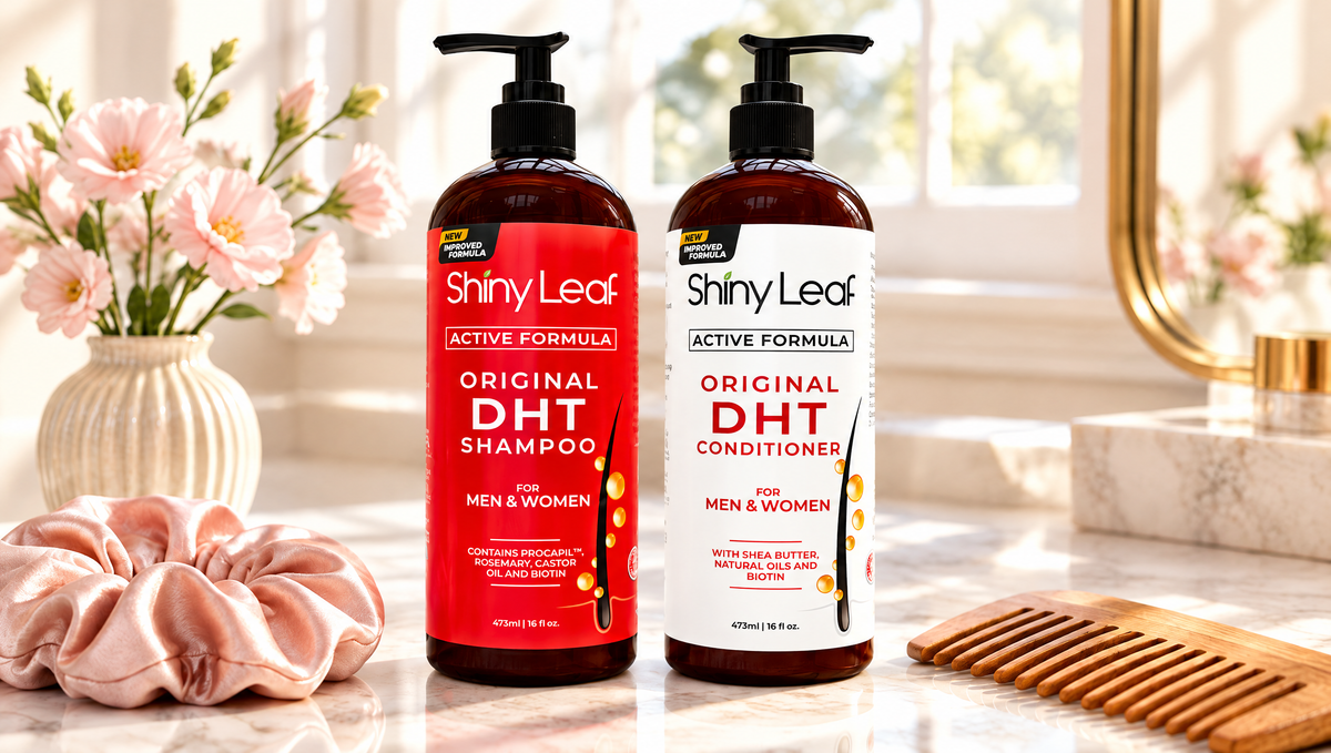 Shiny Leaf Original DHT shampoo and conditioner on a marble vanity with a silk scrunchie, wooden comb and pink flowers