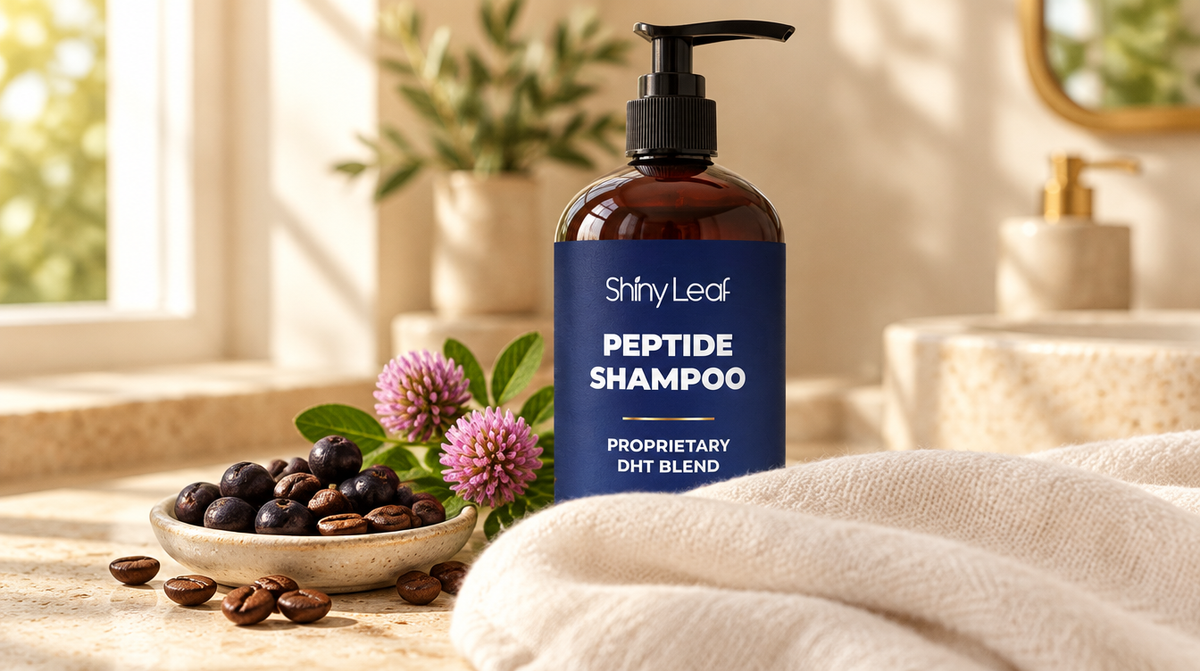 Shiny Leaf Peptide Shampoo on a travertine bathroom counter with saw palmetto berries, coffee beans and red clover