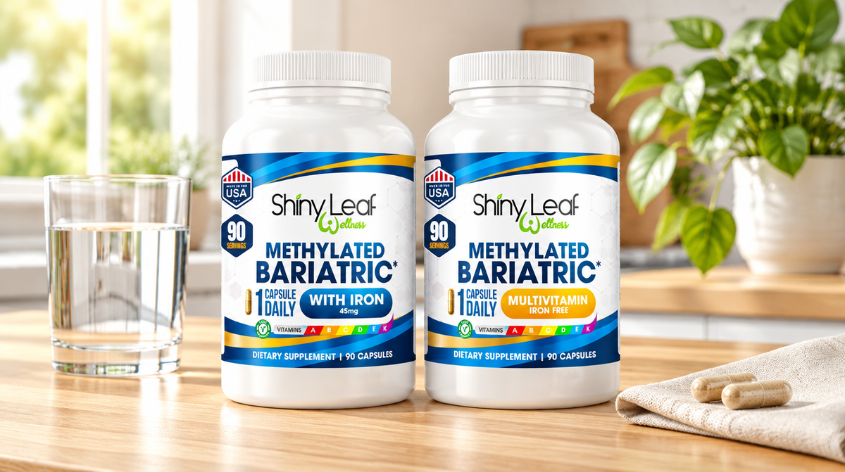 Shiny Leaf Methylated Bariatric Multivitamin with Iron and Iron Free bottles on a sunny kitchen counter with a glass of water