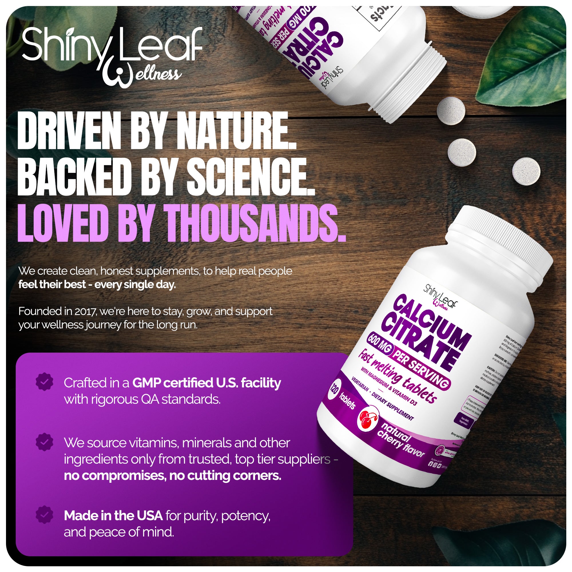 Calcium Citrate 600mg with Vitamin D3 & Magnesium - Fast Melting Cherry Flavored 120 tablets Bariatric Friendly