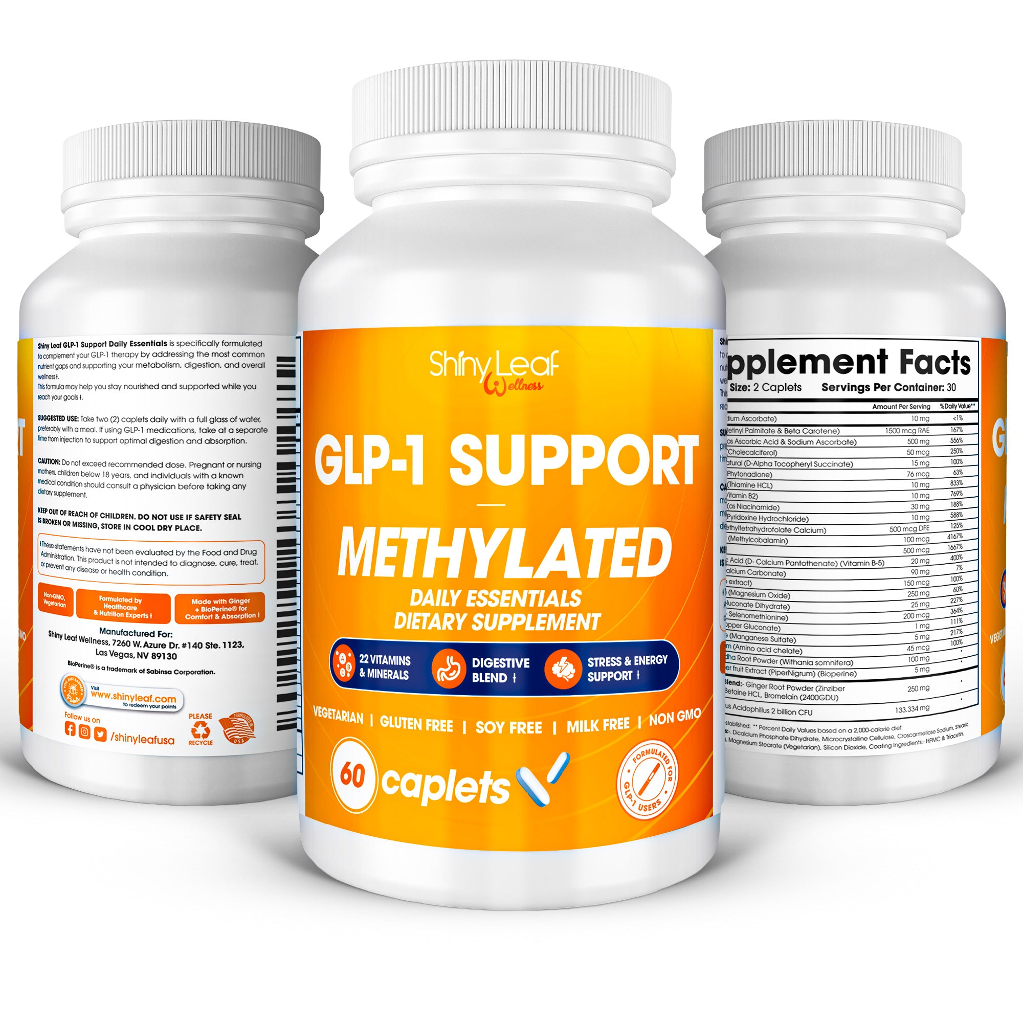 Shiny Leaf GLP-1 Nutritional Support – Daily Methylated Multivitamin with Probiotics, Enzymes & Adaptogens – Wellness Supplement for Men & Women – 60 Caplets