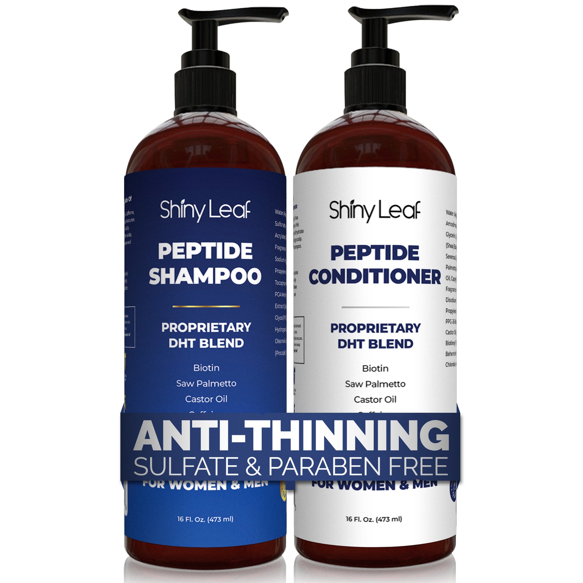 Peptide Shampoo & Conditioner Set for Hair Loss – Saw Palmetto, Caffeine & Biotin | Shiny Leaf 2×16 oz