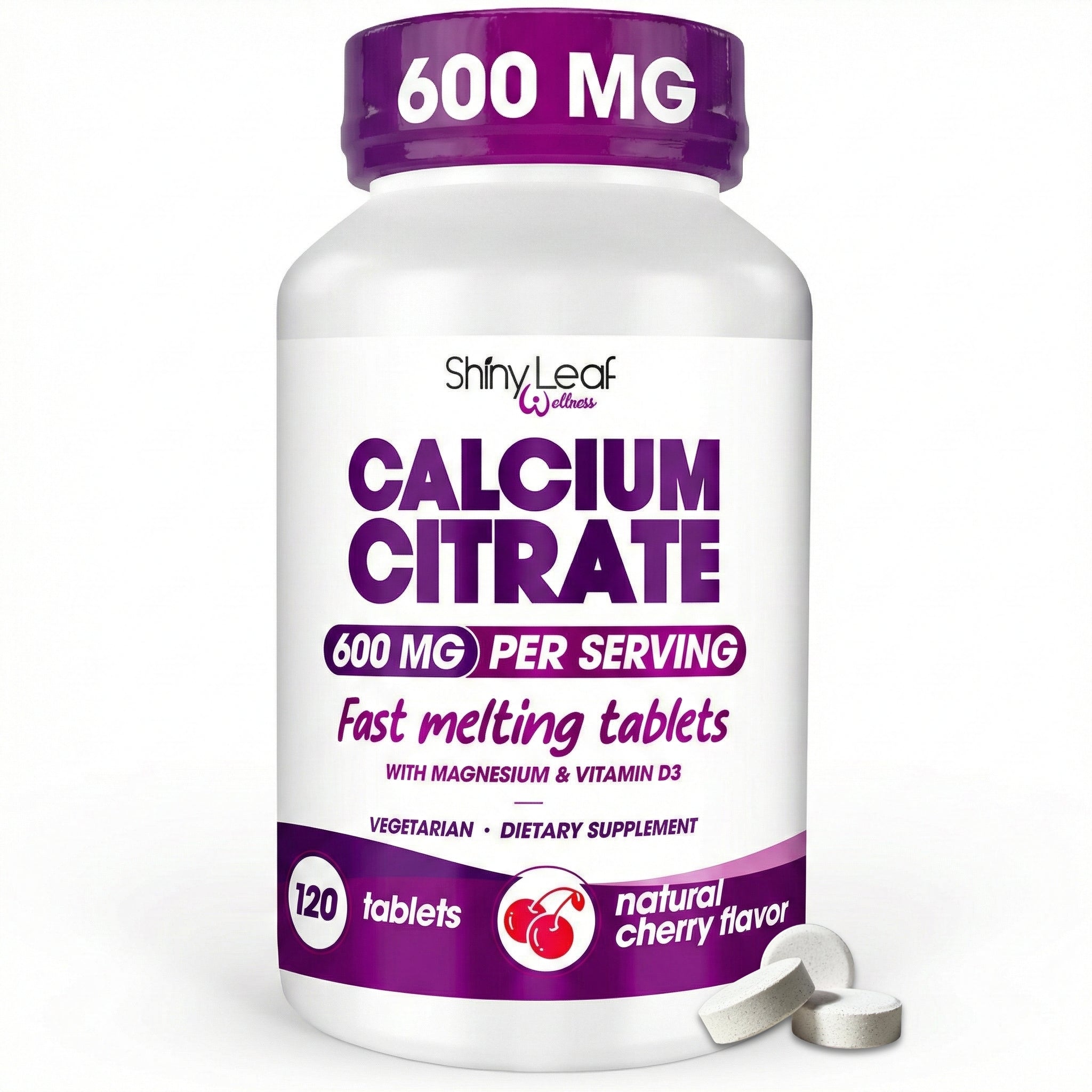 Calcium Citrate 600mg with Vitamin D3 & Magnesium - Fast Melting Cherry Flavored 120 tablets Bariatric Friendly