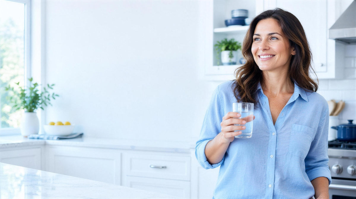 Woman smiling in a bright kitchen