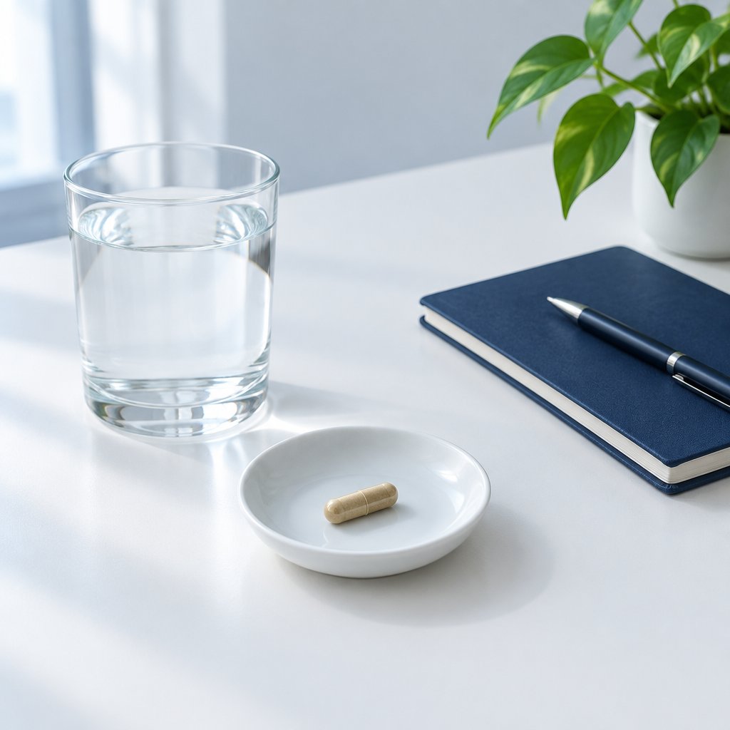 Beige capsule with a glass of water